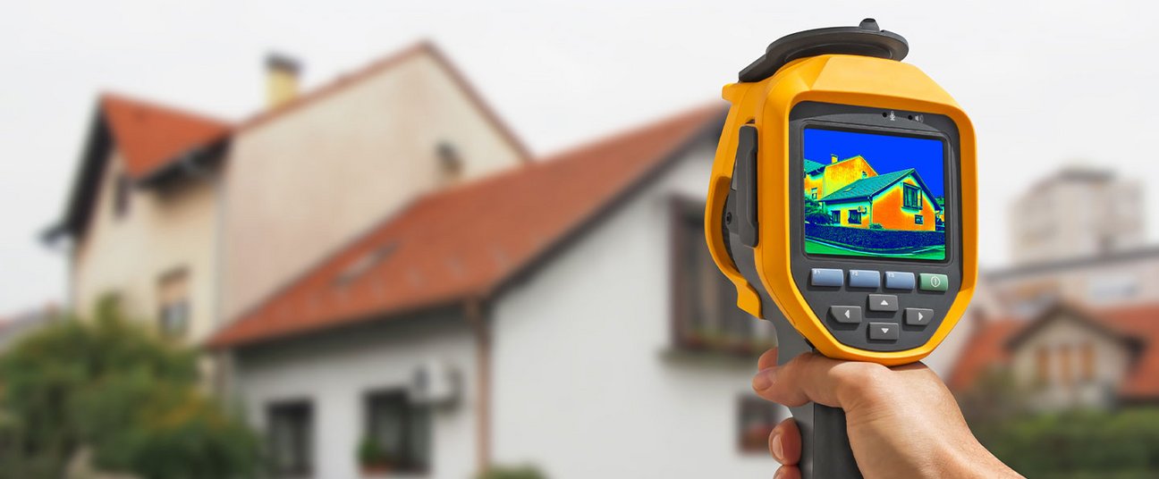 Das Bild zeigt ein Thermografiegerät, dass die Wärmeverteilung des Hauses zeigt, auf das es gerichtet ist.