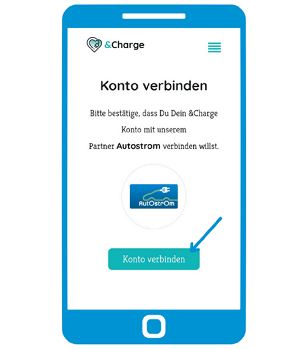 Ein blaues Icon mit dem Thema Autostrom-App und &Charge App miteinander verbinden.