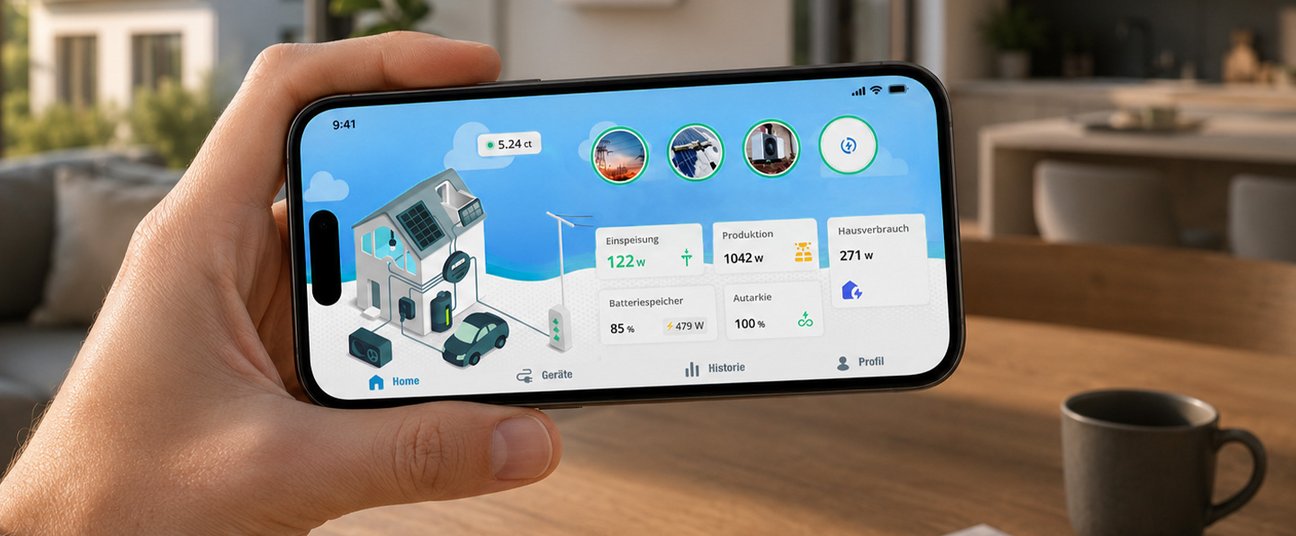 Hand hält Smartphone mit Energie-App, die Haus, Solaranlage, Speicher, Verbrauch und Stromwerte zeigt.