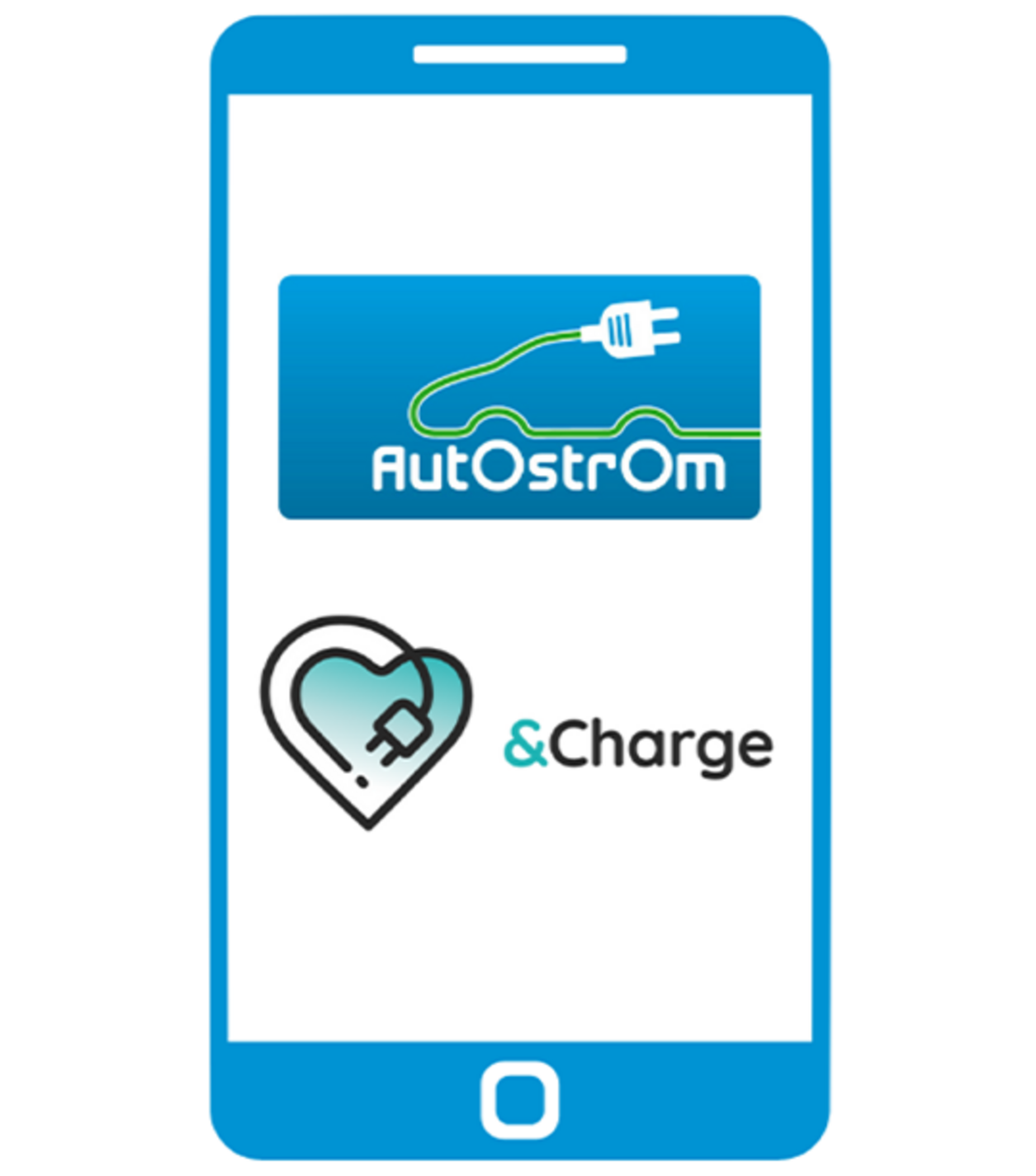 Ein blaues Icon mit dem Thema Autostrom-App und &Charge App miteinander verbinden.
