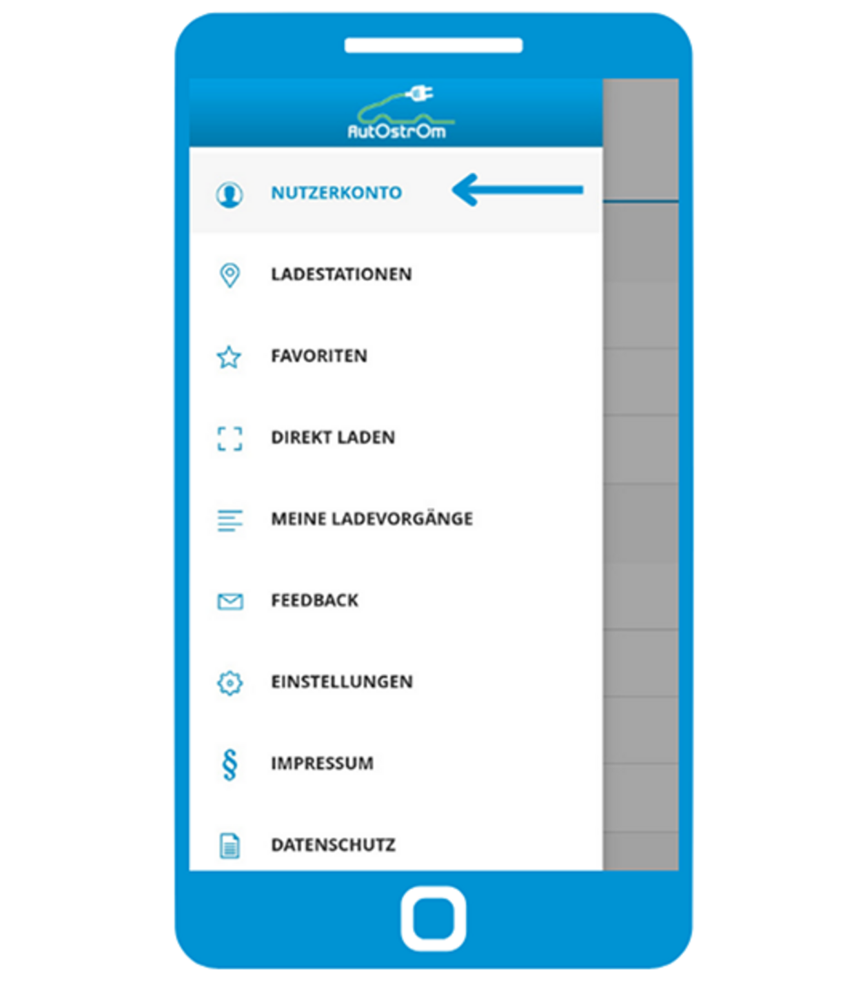 Ein blaues Icon mit dem Thema Autostrom-App und &Charge App miteinander verbinden.