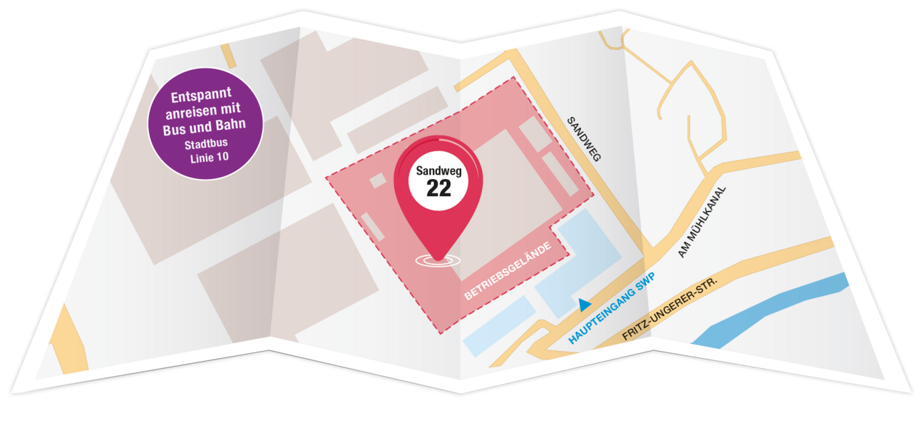 Karte in der der Sandweg 22 markiert ist. Entspannt anreisen mit Bus und Bahn. Stadtbus Linie 10