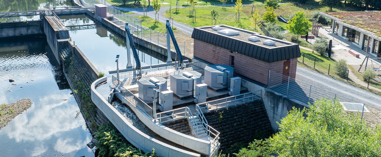 Flusskraftwerk Eutingen aus der Vogelperspektive