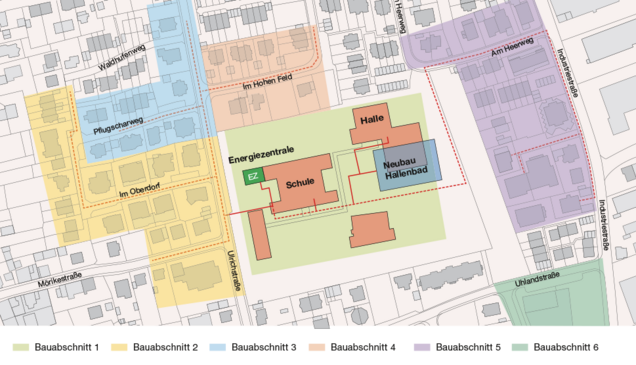 Übersichtskarte eines Quartiers mit Schule, Energiezentrale, Halle und geplantem Hallenbadneubau sowie markierten Bauabschnitten.