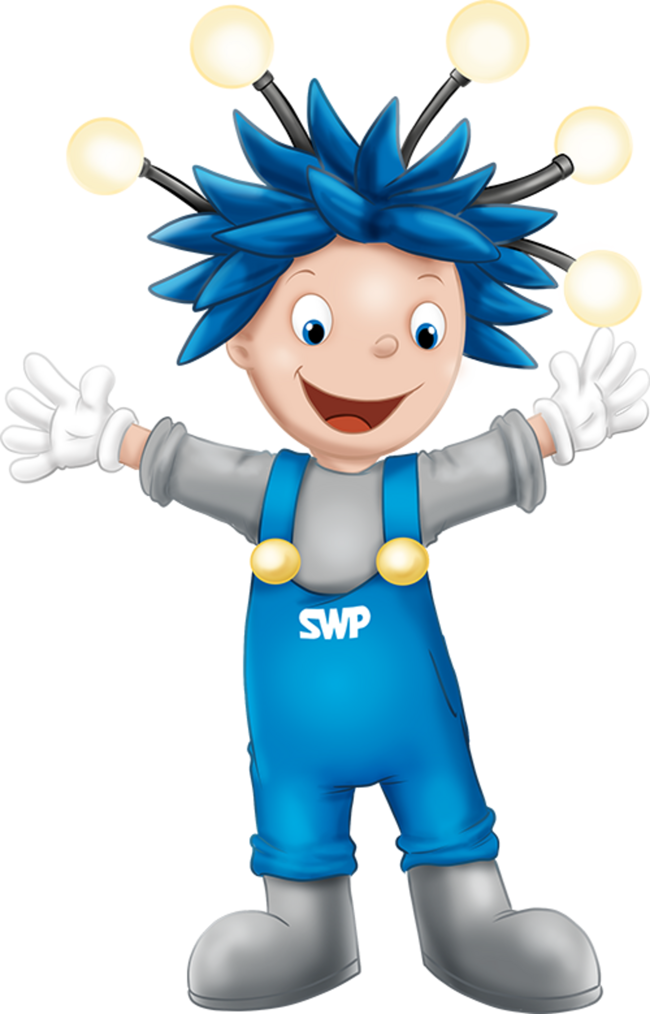 das SWP Maskottchen Stromi steht mit offenen Armen da
