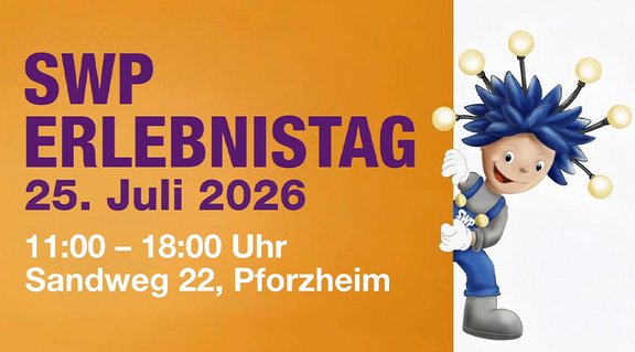 Grafik zum SWP Erlebnistag mit den Angaben „25. Juli 2026“, „11:00–18:00 Uhr“ und „Sandweg 22, Pforzheim“. Rechts blickt Stromi hinter einer weißen Fläche hervor.