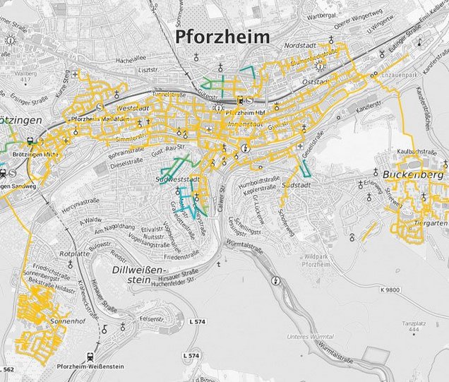 Das Bild zeigt das Fernwärmenetz der Stadtwerke Pforzheim
