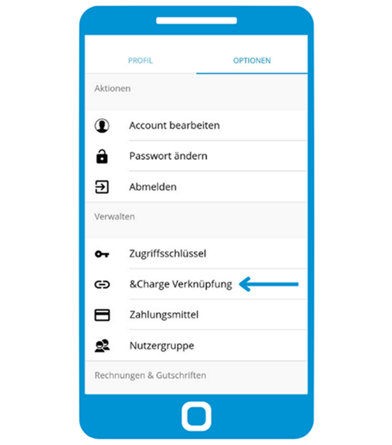 Ein blaues Icon mit dem Thema Autostrom-App und &Charge App miteinander verbinden.