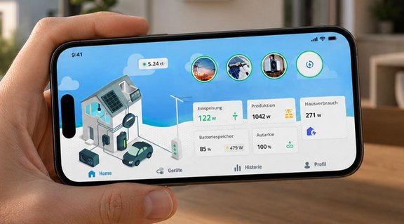 Hand hält ein Smartphone mit der Anzeige der SWP MaxZuHause-App