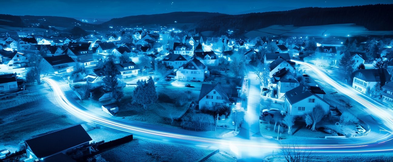 Vogelperspektive auf ein nächtlich beleuchtetes Wohngebiet mit Lichtspuren auf den Straßen – Symbolbild für intelligente Vernetzung und Smart-City-Technologien.